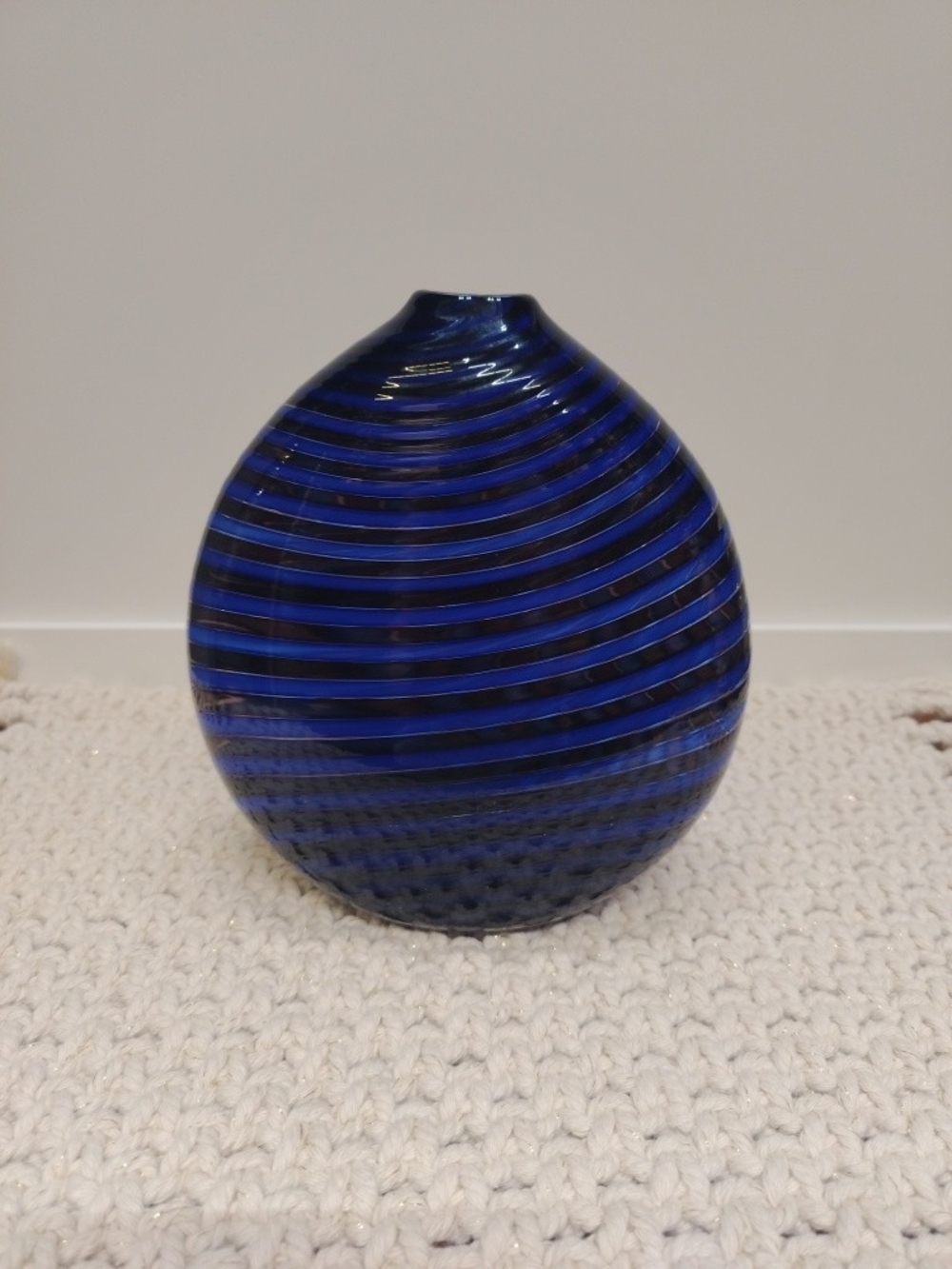 Blue Striped Round Glass Vase - Decorative Home Accent